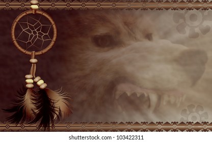 Illustration Of A Native American Dreamcatcher With Angry Wolf