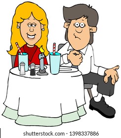 Illustration Of A Nervous Young Couple Seated At A Restaurant Table On Their First Date.