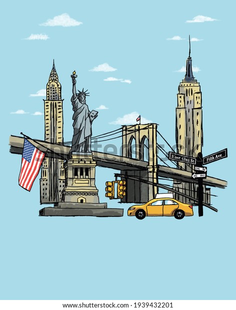 Illustration with New York skyscrapers,
Brooklyn Bridge, Statue of Liberty,  yellow taxi, flag and yellow
traffic light, USA. Collage with famous American architectural
structures. Raster
illustration