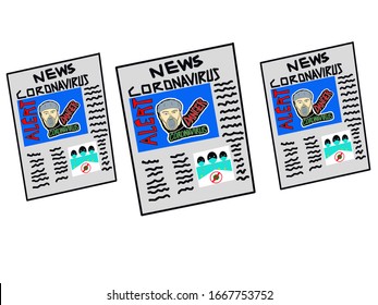 Illustration of newspapers with headlines about coronavirus. White background