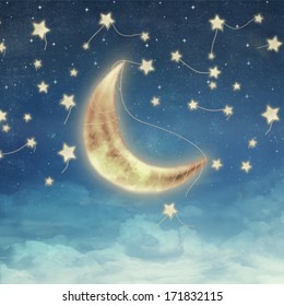 Illustration of a night sky with fantastic moon