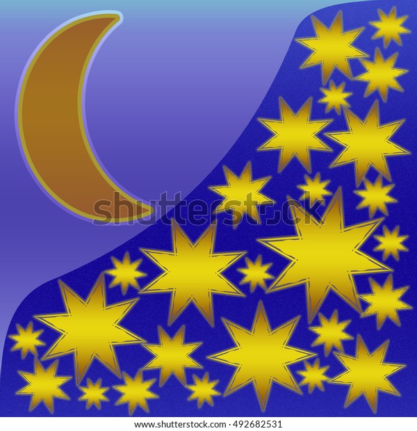 Illustration of a\
night sky with moon and\
stars.