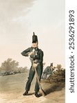 Illustration of North York militia (1814) by George Walker. Vintage military soldier man illustration. Vintage male person art drawing illustration, old painting art print of a military man.