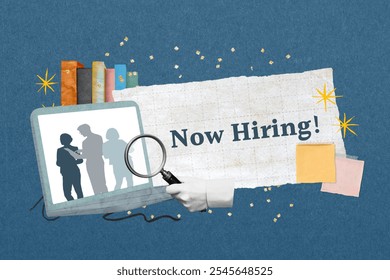 Illustration of a 'Now Hiring' sign with silhouettes of diverse people. Hiring and recruitment theme with magnifying glass and diverse team concept on blue background. - Powered by Shutterstock