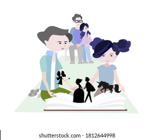 Illustration Nuclear Family With Two Children Having Fun Sitting On Sofa At Home. Girls And Boys Are Reading Fairy Tales.
Silhouettes, Fairies, Princesses, Princes And Unicorns On The Book.