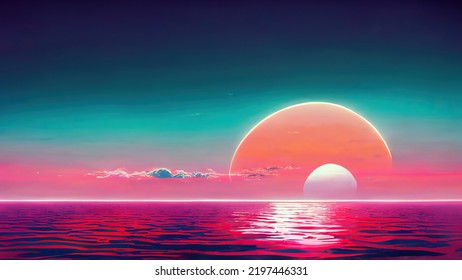 Illustration Of The Ocean And Sun In A Nice Colorful Vaporwave Style