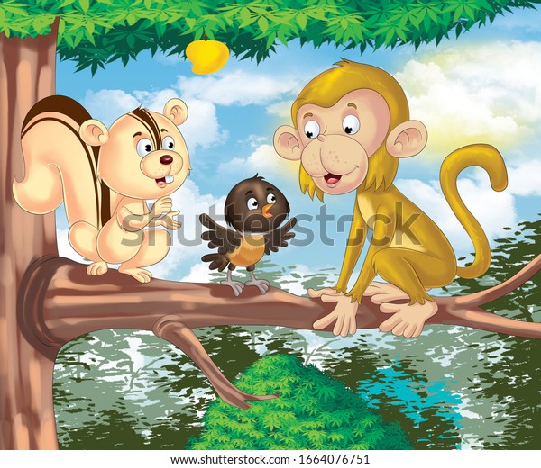 Ilustrasi Stok Illustration Animal Bird On Tree Monkey 1664076751