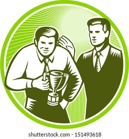 Illustration Of An Office Worker Businessman Facing Front Winning Trophy Cup Patted In Back By Supervisor Leader Done In Retro Woodcut Style Set Inside Circle.