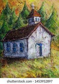 Illustration Oil Painting Of An Old Native Canadian Heritage Historic Church Building In A Countryside Landscape, British Columbia, Canada.