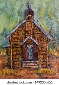 Illustration Oil Painting Of An Old Native Canadian Heritage Historic Church Building In A Countryside Landscape, British Columbia, Canada.