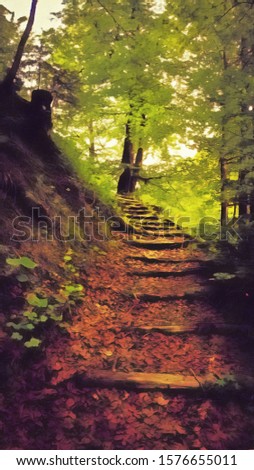 
illustration - oil painting - staircase in the forest