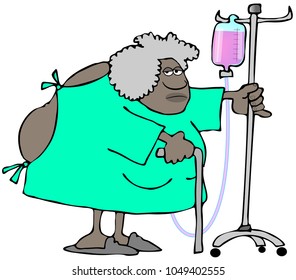 Illustration Of An Old Black Woman Wearing An Open Back Hospital Gown And Pushing An IV Cart.