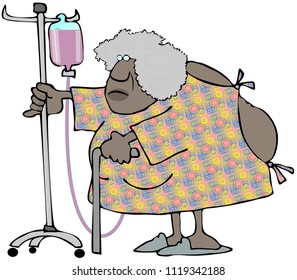 Illustration Of An Old Black Woman Wearing A Hospital Gown Open In The Back And Pushing An I.V. Cart.