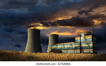 Illustration of old factory under the storm heaven with fire on the top of chimneys. 3D render.