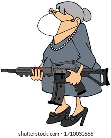 Illustration of an old lady wearing a face mask and holding an assault rifle.