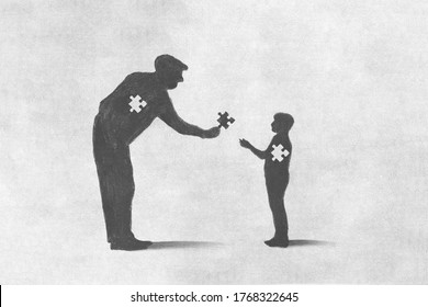 Illustration Of Old Man Sacrifice For Incomplete Child, Help Concept