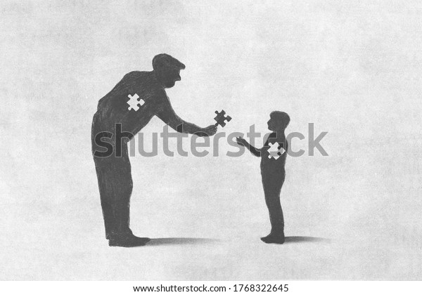 illustration of old man sacrifice for incomplete\
child, help\
concept