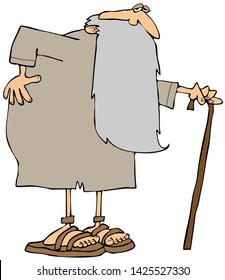 Illustration Of An Old Man Wearing A Robe And Sandals With A Very Long Beard.