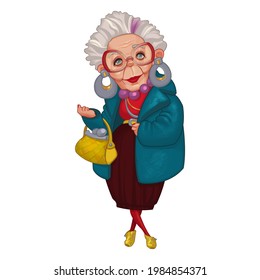 illustration of an old stylish lady in a blue fur coat, yellow ankle boots and a handbag, in large glasses in cartoon style