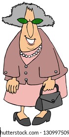 Illustration of an old woman holding a purse and dressed in shades of pink.