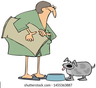 Illustration Of An Old Woman Pouring Dog Food From A Large Bag Into Her Pets Bowl.