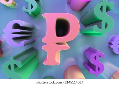 Illustration on financial topics. Multicolored symbols of world currencies: ruble, euro, dollar. 3d rendering