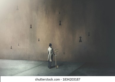 illustration on man holding big key in front of many different keyholes, surreal concept