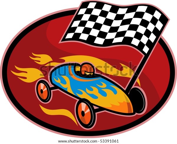 illustration on the sport of Soap box derby racing\
with race flag set inside a\
circle