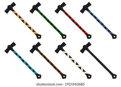 Illustration on theme big kit steel axes with wooden handle, metal axe for hunting. Pattern ax consisting of many different axes on white background.