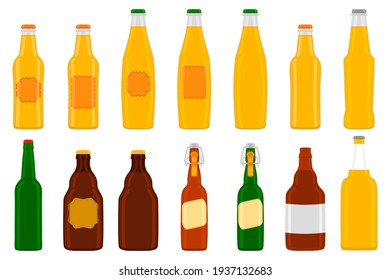 Illustration on theme big kit beer glass bottles with lid for brewery. Pattern beer consisting of many identical glass bottles on white background. Glass bottles it main accessory for beer gourmet.