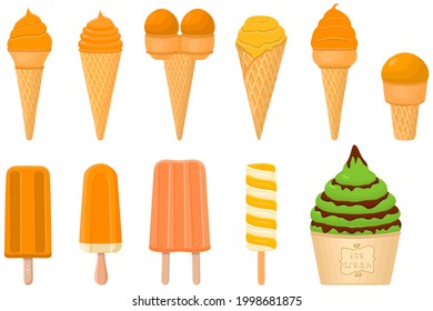 Illustration on theme big kit ice cream popsicle different types in cone waffle cup. Ice cream consisting of tasty popsicle on cone waffle cup. Popsicle to cone waffle cup, natural dessert ice cream.