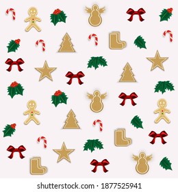 Illustration. On which there are different gingerbread cookies, sweet candies, bows, lovely leaves with berries. Everything is arranged on a white background. New Year and Christmas
