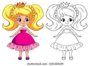 Illustration On White Background. A Painted Princess Pattern And Outline. Coloring Task For Preschool Children. Cartoon Style Kids