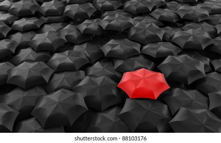 Illustration of one red umbrella among many dark