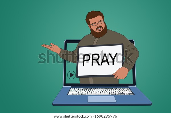 illustration,\
online church, black pastor praying, video streaming of church\
service, Worship Online. no public gatherings and public masses\
because of virus, covid-19. worship at\
home