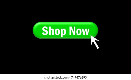 Illustration Of Online Shopping. Mouse Click On Shop Now Button Icon On Black Screen Background. Cyber Monday And Green Monday Concept.