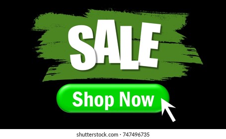 Illustration Of Online Shopping. Mouse Click On Shop Now Button Icon On Black Screen Background. Cyber Monday And Green Monday Concept.