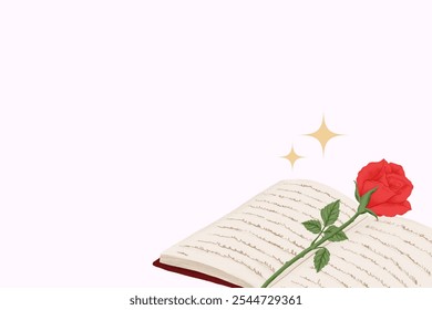 Illustration of an open book with handwritten text and a red rose. The book and rose create a romantic, literary theme with a touch of elegance and nostalgia on white background. - Powered by Shutterstock