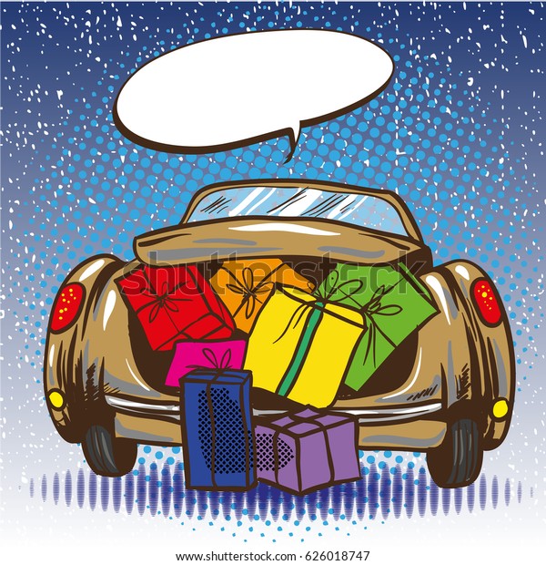 Illustration of\
opened car trunk full of gifts in retro pop art comic style.\
Holiday shopping. Merry Christmas\
gifts.