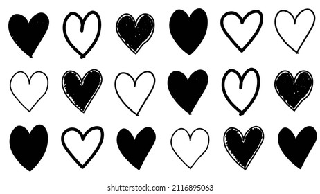 Illustration Of Original Hand Drawn Hearts In Straight Lines. Hearts Are Sketched In Black On White Background. Love, Valentines Day, Sketch. Inclusion.