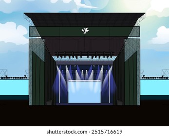 Illustration of an Outdoor Concert Stage with Spotlights and Large Backdrop. Ideal for Music Festival Designs or Event Promotion. Features Rigging, Lighting, and a Clear Sky in the Background - Powered by Shutterstock