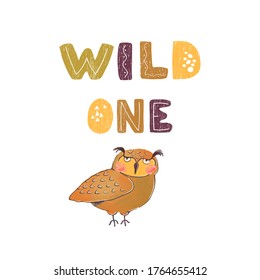 Illustration Of Owl And Hand Drawn Lettering - Wild One. Colourful Typography Design In Scandinavian Style For Postcard, Banner, T-shirt Print, Invitation, Greeting Card, Poster