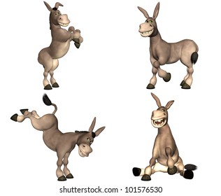 Illustration of a pack of four (4) cartoon donkeys with different poses and expressions isolated on a white background - 1of2