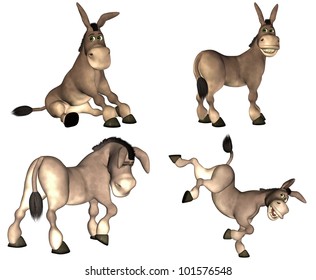 Illustration of a pack of four (4) cartoon donkeys with different poses and expressions isolated on a white background - 2of2
