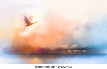Illustration painting art colorful animal (bird) in nature  Autumn summer season background Abstract image silhouette white goose fly in the sky and watercolor paint Wildlife   outdoor landscape