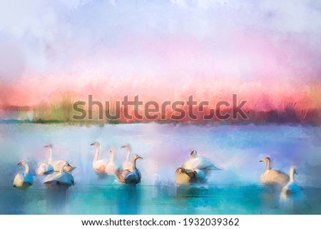 Illustration painting art colorful animal (bird) in nature. Autumn, summer season background. Abstract image of white goose or duck in lake with watercolor paint. Wildlife and outdoor landscape