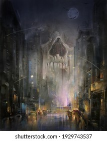 illustration painting of The big skull stared down at the city at night.  digital art style