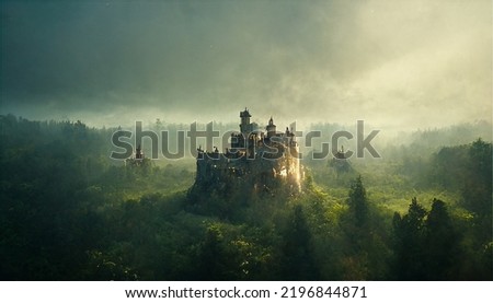 illustration painting castle fantasy forest adventure fog 2d render loop 商業照片 © 