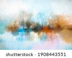 Illustration painting colorful autumn, summer season nature background. Abstract art image of forest, tree with yellow, red leaf, blue cloud in sky and lake with watercolor paint. Outdoor landscape