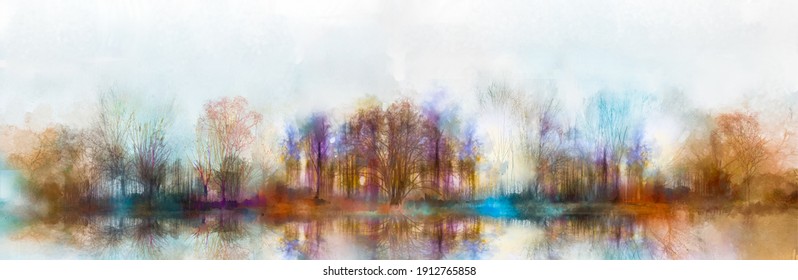 Illustration painting colorful autumn  summer season nature background  Abstract art image forest  tree and yellow  red leaf  blue cloud in sky   lake and watercolor paint  Outdoor landscape